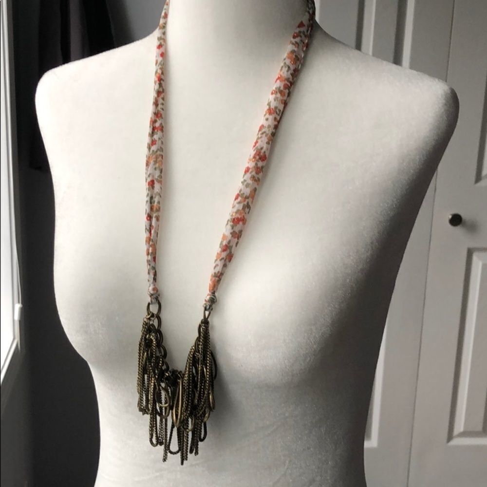 Adjustable fabric and bronze tone chain necklace